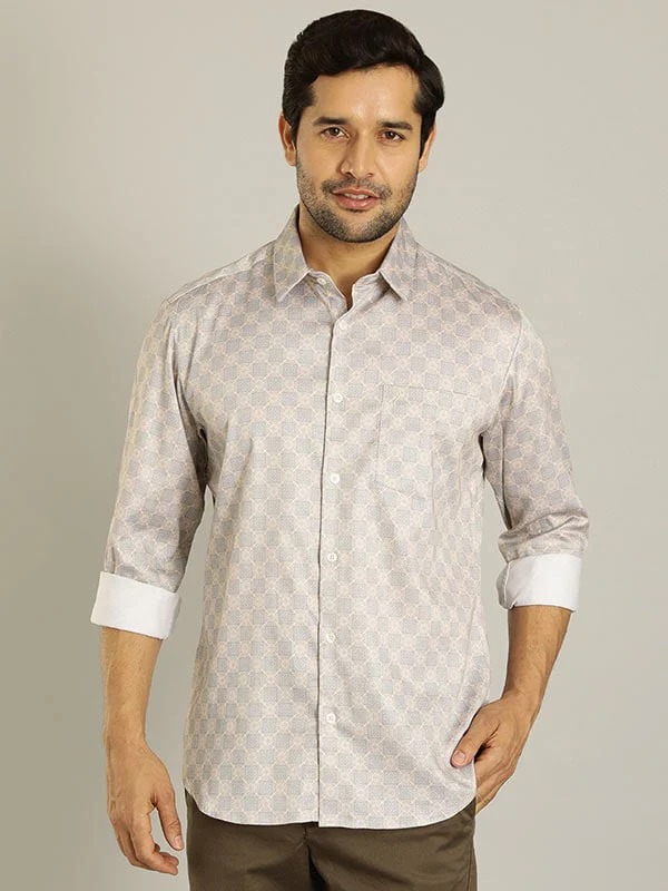 Indian Terrain Men's Slim Fit Full Sleeve All Over Print Beige Shirt